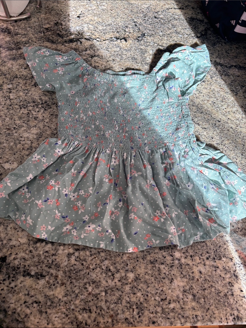 Girls' Mint Green Floral Smocked Top with Flutter Sleeves